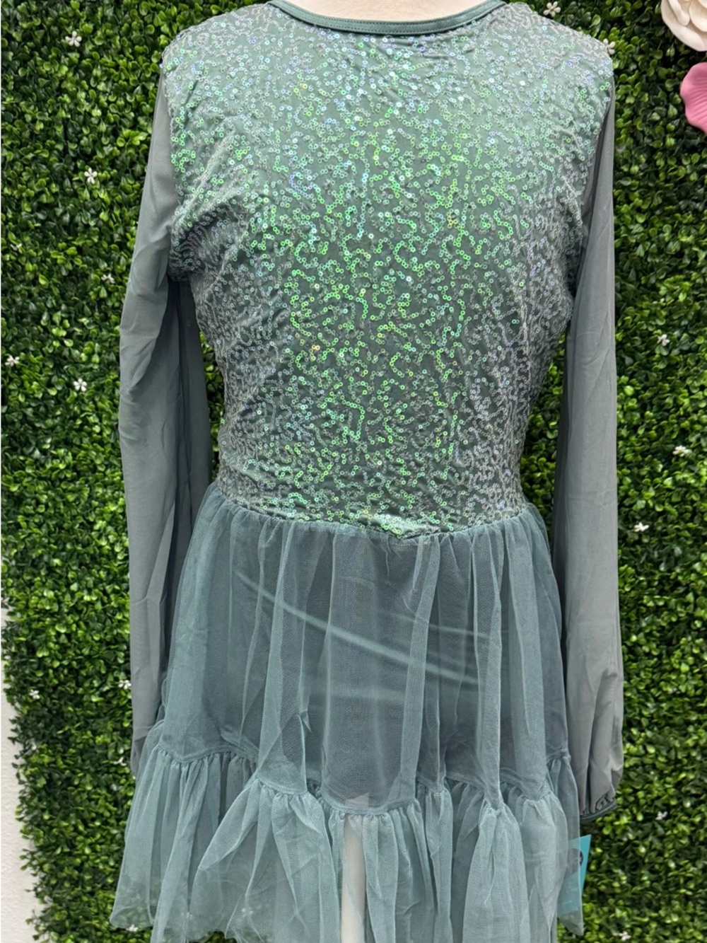Long-Sleeve Sequin & Tulle Dance Dress in Sage Green